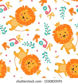 Seamless pattern with cute hand drawn lion and word roar. King animal in scandinavian style for baby shower card, birthday, poster. Print illustration in vector
