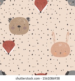 Seamless pattern with cute hand drawn cartoon animals,Fox,puppy,rabbit,bear,