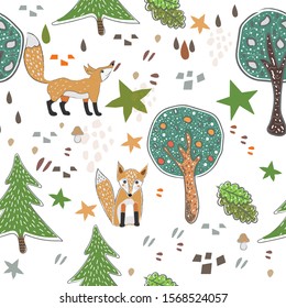 Seamless Pattern with cute hand drawn Fox. Scandinavian Style. Vector Illustration