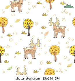 Seamless Pattern with cute hand drawn Deer. Scandinavian Style. 