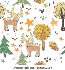 Seamless Pattern with cute hand drawn Deer