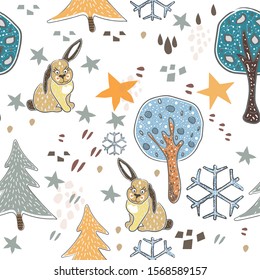 Seamless Pattern with cute Hand Drawn Hares. Scandinavian Style. Bright Colors. Vector Illustration