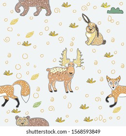 Seamless Pattern with cute Hand Drawn Animals of Forest. Scandinavian Style. Bright Colors. Vector Illustration