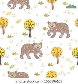 Seamless Pattern with cute hand drawn Bear. Scandinavian Style. Vector Illustration