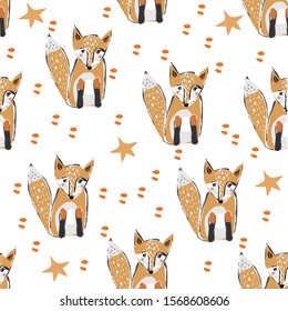 Seamless Pattern with cute hand drawn Fox. Scandinavian Style. Vector Illustration