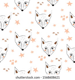 Seamless Pattern with cute hand drawn Fox (Heads). Scandinavian Style. Vector Illustration
