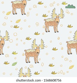 Seamless Pattern with cute hand drawn Deer. Scandinavian Style. 