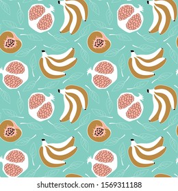 Seamless pattern with cute hand drawn fruits in trendy scandinavian style. Banana, pomegranate and peach. Vector illustartion.