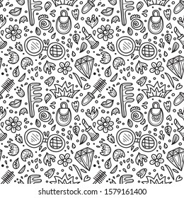 Seamless pattern with cute hand drawn cosmetics, flowers and leaves. Vector. May use as a coloring page