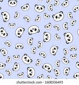 Seamless pattern of cute hand drawn smiling panda on a blue background. Cartoon zoo. Vector illustration. Animal for the design of children's products in scandinavian style.