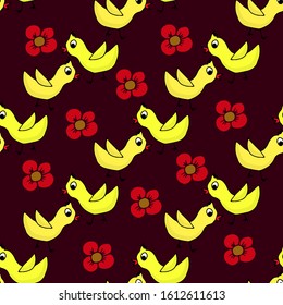 Seamless pattern with cute hand drawn chickens. Easter theme texture. Easter spring background with flowers and birds. Easter holiday background for printing onto fabric, scrapbooking paper.