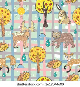 Seamless Pattern with cute Hand Drawn Animals. Scandinavian Style. Bright Colors. Vector Illustration