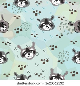 Seamless Pattern with cute hand drawn Raccoons (heads). Scandinavian Style. 