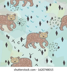 Seamless Pattern with cute hand drawn Bear. Scandinavian Style. Vector Illustration