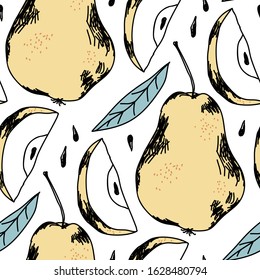 Seamless pattern of cute hand drawn pears, seeds, leves, halfs