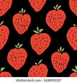 Seamless pattern of cute, hand drawn ripe strawberries