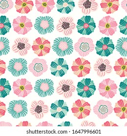 Seamless pattern with cute hand drawn spring flowers for fabric, textile, wallpaper, kids and children clothing, stationery, girly products. Whimsical flowers in scandinavian style