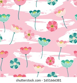 Seamless pattern with cute hand drawn spring flowers for fabric, textile, wallpaper, kids and children clothing, stationery, girly products. Whimsical flowers in scandinavian style