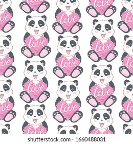 Seamless pattern with cute hand drawn panda' heads. Animal tiling background.