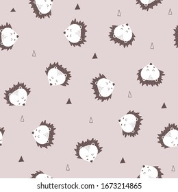 Seamless pattern of cute hand drawn sleeping hedgehog on soft background. Cartoon zoo. Vector illustration. Animal for design of children's products in scandinavian style.