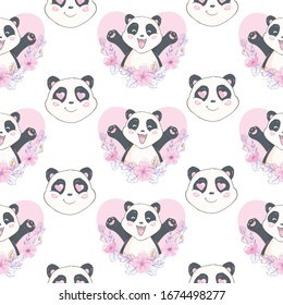 Seamless pattern with cute hand drawn panda' heads. Animal tiling background.