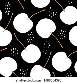 Seamless pattern of cute hand drawn white cherries