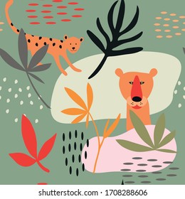 Seamless Pattern With Cute Hand Drawn Elements: Leopards, Exotic Plants And Graphics Objects. Colorful Repeat Print. Wild Nature Concept Image. Vector Illustration.