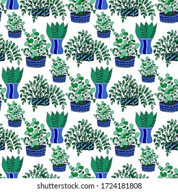 Seamless pattern with cute hand drawn flowers plant in pots. Doodle vector illustration house plants for your designes of packaging, , clothing, textile and mutch more.