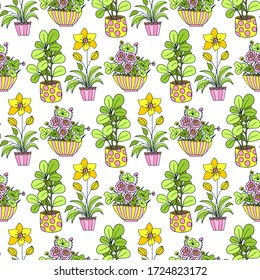 Seamless pattern with cute hand drawn flower plants in pots. Doodle vector bright illustration house plants for your designes of packaging, clothing, textile and mutch more.