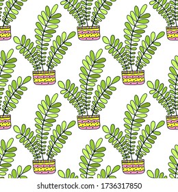 Seamless pattern with cute hand drawn flower plants in pots. Doodle vector bright illustration house plants 