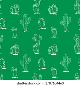 Seamless pattern with cute hand drawn desert cacti. Vector white line objects on green background. For invitation, package, banner, print, card, fabric, label, advertising, textile, wrapping paper.