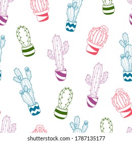Seamless pattern with cute hand drawn cacti in a pots. Colorful vector line objects on white background. For package, banner, print, card, fabric, label, advertising, textile, wrapping paper.