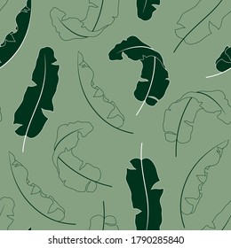 Seamless pattern with cute hand drawn tropical leaves. Vector outline elements. Green and white color palette. For poster, package, wrapping paper, gift, fabric, wallpaper, textile, banner, web.