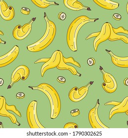 Seamless pattern with cute hand drawn bananas, banana peels and slices on green background. Tropical fruit background for poster, package, wrapping paper, gift, fabric, wallpaper, textile, banner, web