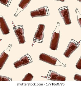 Seamless pattern with cute hand drawn soft soda drink bottles and glasses. Fun abstract vector background for poster, package, advertising, fabric, wallpaper, textile, banner, web.