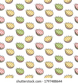 Seamless pattern with cute hand drawn bugs lying on their backs. Sweet vector graphic texture for kids clothing, nursery art, package, wrapping paper, banner, print, card, fabric, textile, kids decor.