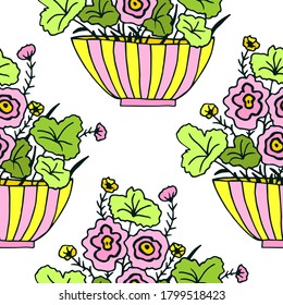 Seamless pattern with cute hand drawn flower plants in pots. Doodle vector bright illustration house plants for your designes of packaging, clothing, textile and mutch more.