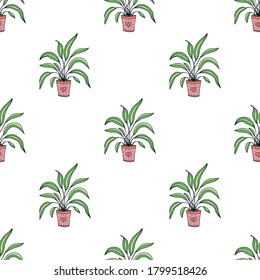 Seamless pattern with cute hand drawn flower plants in pots. Doodle vector bright illustration house plants for your designes of packaging, clothing, textile and mutch more.