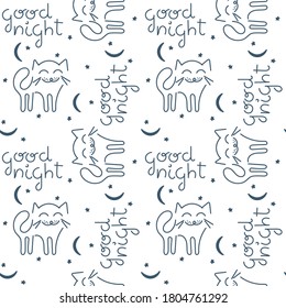 Seamless pattern. Cute hand drawn kitten with closed eyes and the inscription Good night