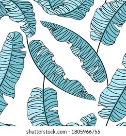 Seamless pattern with cute hand drawn jungle leaves. Blue color palette. Vector  tropical background for poster, package, wrapping paper,