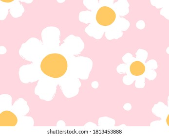 Seamless pattern with cute hand drawn daisies and dots on pink background vector illustration. 