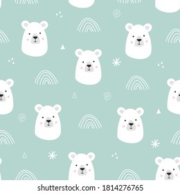 Seamless pattern with cute hand drawn smiling white bear. Cartoon zoo. Vector illustration. Animal for the design of children products in scandinavian style.