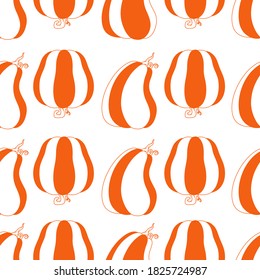 Seamless pattern with cute hand drawn pumpkins. Vector elements. Orange and white color palette. For wrapping paper, invitation, card, gift, fabric, wallpaper, poster, textile, advertising, banner.