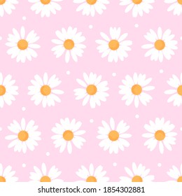 Patrón sin brillo con flor de margarita dibujada a mano y puntos sobre la ilustración vectorial de fondo rosa. Hermoso patrón floral. Diseño plano.