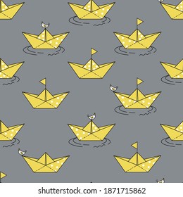 
Seamless pattern with cute hand drawn paper boat and bird. Color trends 2021 Ultimate Gray and Illuminating Yellow. Vector background for card, print, poster, fabric, wallpaper, banner, textile, web.