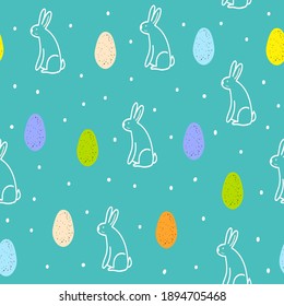 Seamless pattern with cute hand drawn rabbit in doodle style,Easter illustration with bunny,dots and eggs,print for wrapping paper,wallpaper,textile and fabric design,simple decoration template 