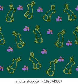 Seamless pattern with cute hand drawn rabbit and leaves in doodle style,vintage illustration with bunny,print for wrapping paper,wallpaper,textile,fabric or interior design,bookend in simple style