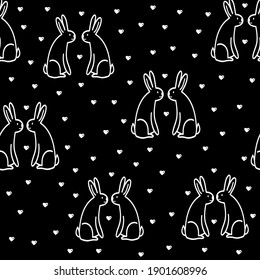 Seamless pattern with cute hand drawn rabbit couples and hearts in doodle style,child illustration with bunny,holiday decoration,print for wrapping paper,Valentines day,romantic bookend,pets in love