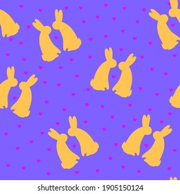 Seamless pattern with cute hand drawn rabbit couples and hearts in doodle style,illustration with bunny silhouette,print for wrapping paper,Valentines day,romantic bookend,pets in love
