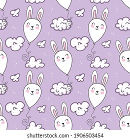 
Seamless pattern with cute hand drawn bunny balloon flying in the sky between clouds. Funny vector background for kids room decor, nursery art, print, fabric, wallpaper, wrapping paper, textile, gift